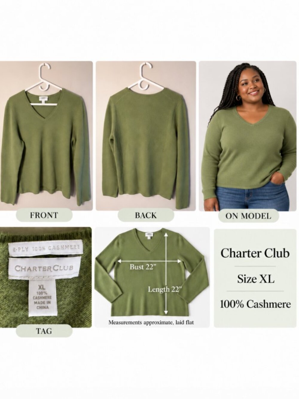 Charter Club Sage 2-Ply 100% Cashmere V-Neck Sweater Size XL Cozy Minimalist